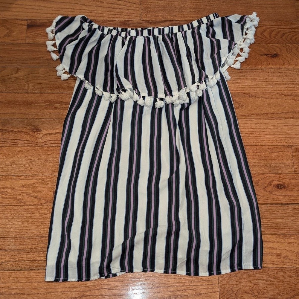 Boho Tassel Off Shoulder Striped‎ Dress Tahari Arthur S Levine Size 6 Mini Tunic